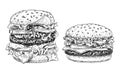 Hamburger and cheeseburger hand drawn vector illustration. Fast food engraved style. Burgers sketch isolated on white.