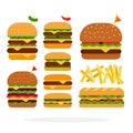 Hamburger, cheeseburger, sandwich, double burger with beef, burger with cheese and bacon, french fries Royalty Free Stock Photo