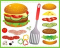 Hamburger or cheeseburger with tomatoes, cutlet, beef, salad and cheese on a white background. Food and ingredients. Vector