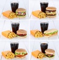 Hamburger collection set cheeseburger and fries menu meal combo