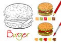 Hamburger coloring page for the book with examples of coloring with a pencil and paints. Hand drawn style. Five color