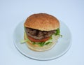 Top view of hamburger double patty with lettuce and tomato on plate Royalty Free Stock Photo