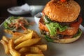 Excellent hamburger with french fries and salad Royalty Free Stock Photo