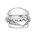 Hamburger. Fast food. Engraving vintage style.