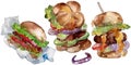 Hamburger fast food isolated. Watercolor background illustration set. Isolated fastfood illustration element.