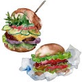 Hamburger fast food isolated. Watercolor background illustration set. Isolated fastfood illustration element.