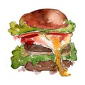 Hamburger fast food isolated. Watercolor background illustration set. Isolated snack illustration element.