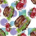 Hamburger fast food isolated. Watercolor background illustration set. Seamless background pattern.