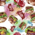 Hamburger fast food isolated. Watercolor background illustration set. Seamless background pattern.