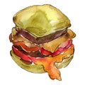 Hamburger fast food isolated. Watercolor background illustration set. Isolated snack illustration element.