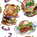 Hamburger fast food isolated. Watercolor background illustration set. Seamless back ground pattern.