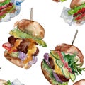 Hamburger fast food isolated. Watercolor background illustration set. Seamless back ground pattern.