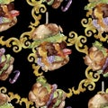 Hamburger fast food isolated. Watercolor background illustration set. Seamless back ground pattern.