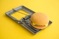 Hamburger fast food in a rat trap on yellow background copy space. Junk foods, unhealthy, people office lifestyle concept. Royalty Free Stock Photo
