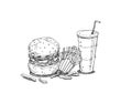 Hamburger fires and soda set hand illustration