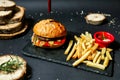 Hamburger and French Fries on Black Plate Royalty Free Stock Photo