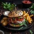 Hamburger and French Fries on a Black Plate Royalty Free Stock Photo