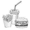 Hamburger, french fries and cola hand drawn vector illustration. Fast food engraved style. Burger sketch isolated on white Royalty Free Stock Photo