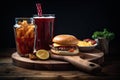 Hamburger with french fries and cola on a wooden table, Delicious fast food on a wooden table with a cold drink, AI Generated Royalty Free Stock Photo