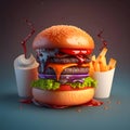 Hamburger and french fries on a dark background. 3d rendering Royalty Free Stock Photo