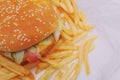 Hamburger and french fries. Unhealthy food, fast food Royalty Free Stock Photo