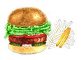 Hamburger and french fries isolatedon white mand drawn illustration