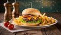 Hamburger and French Fries on a Plate Royalty Free Stock Photo