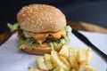 Hamburger with french fries served on a wooden plate. Royalty Free Stock Photo