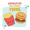 Hamburger and french fries. Vector color illustration in cartoon style. Figure fast food. Cute characters Royalty Free Stock Photo