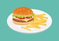 Hamburger and French fries on white plate. Royalty Free Stock Photo
