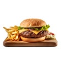 Hamburger with French fries on wooden plate, delivery foods Royalty Free Stock Photo