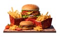 Hamburger with French fries on wooden plate, delivery foods Royalty Free Stock Photo
