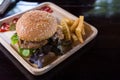 Hamburger with french fries in wooden plate Royalty Free Stock Photo