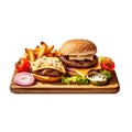 Hamburger with French fries on wooden plate Royalty Free Stock Photo