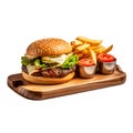 Hamburger with French fries on wooden plate