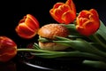 Hamburger with fresh tulip flowers