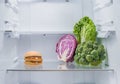 Hamburger and fresh vegetables opposite each other in an empty refrigerator.