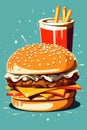 A hamburger with fries and a drink on a blue background, AI