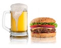 Hamburger and glass of beer isolated on white Royalty Free Stock Photo