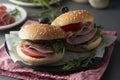 Hamburger with ham. Two burgers, hoemmade food. healthy sandwich with fresh vegetables Royalty Free Stock Photo