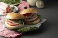 Hamburger with ham. Two burgers, hoemmade food. healthy sandwich with fresh vegetables Royalty Free Stock Photo