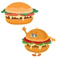 Hamburger and hamburger character is waving, funny, food, fast food, isolated object on a white background, vector