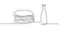 Hamburger hand drawn in one line on a white background. Sandwich cheeseburger hamburger with a bottle of soda line drawing of the