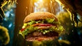 Hamburger hanging from string with lettuce, tomato and lettuce on it. Generative AI Royalty Free Stock Photo