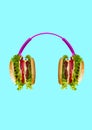 Hamburger and headphones. Modern design. Contemporary art collage.