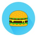 Hamburger icon with long shadow in the flat style. American burger fast food logo.vector eps10