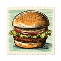 Vintage Line Engraving Stamp Of A Detailed Hamburger Illustration