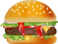 Hamburger illustration vector, burger food, cheeseburger with sauce, beef on bun, cheese sandwich, meat cooked, bread bun, isolate