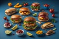 Hamburger ingredients on blue background. Concept of fast food. generative ai