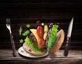 Hamburger ingredients falling down one by one to create a perfect meal. Colorful conceptual picture of burger cooking Royalty Free Stock Photo